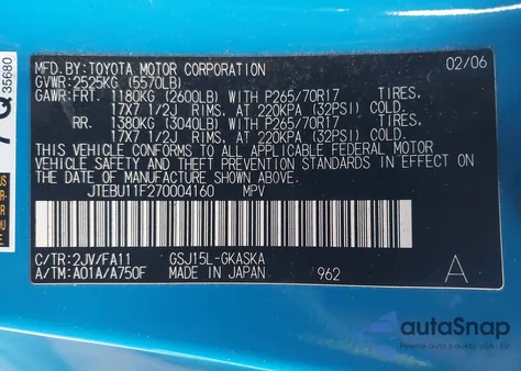2007 Toyota Fj Cruiser z USA, uszkodzony, nr VIN JTEBU11F270004160